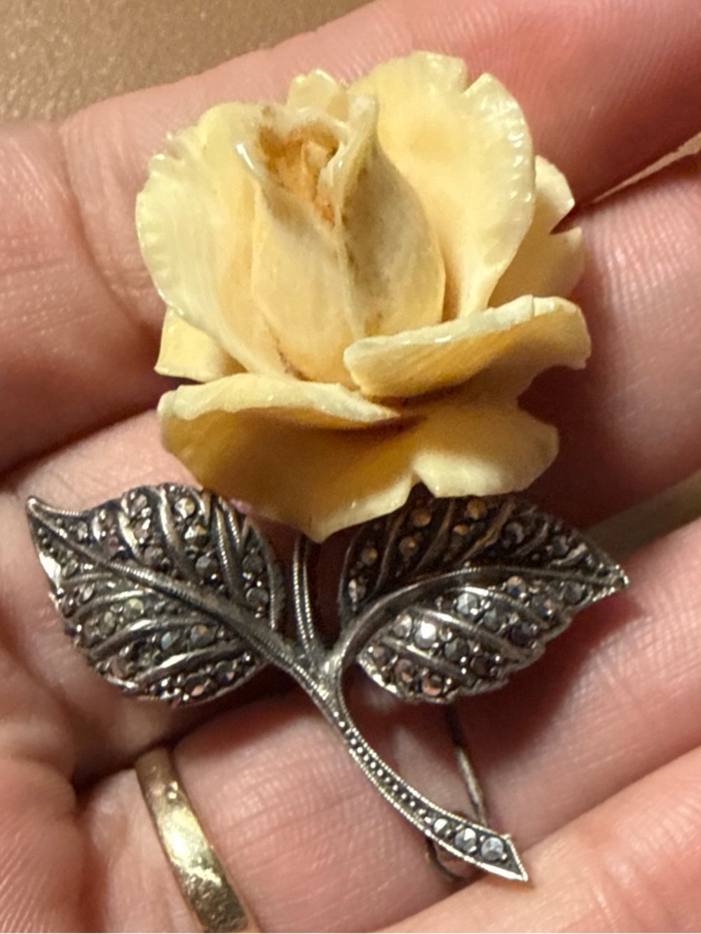 Cream Floral Rose Brooch with Silver-Tone Marcasite Leaves Vintage